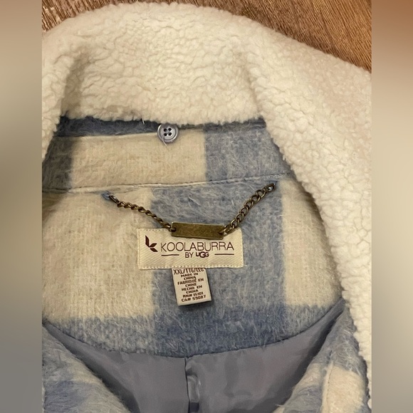 KOOLABURRA by UGG NWT XXL Midi Coat Dusty Sky Blue Plaid Removable Sherpa Collar - Picture 6 of 16